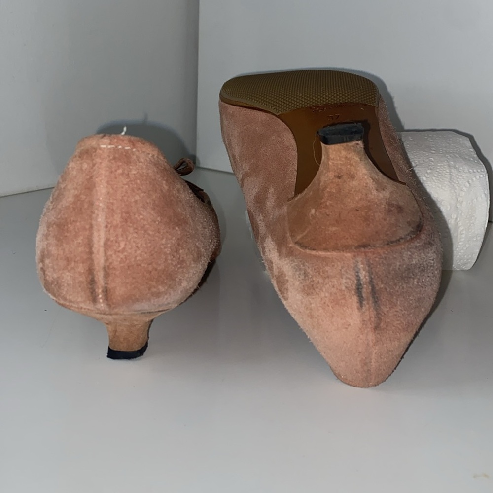 PRADA pale rose SUEDE kitten heel loafers squared toe W bow, 1.5” pumps 37 VGUC - Picture 7 of 16